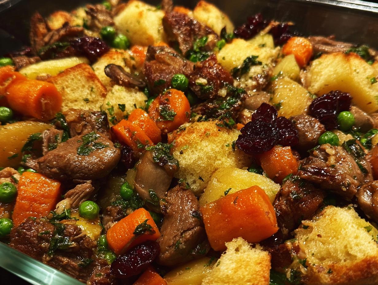 Close-up of a hearty 20-minute stuffing recipe with chunks of meat, carrots, peas, and cranberries.