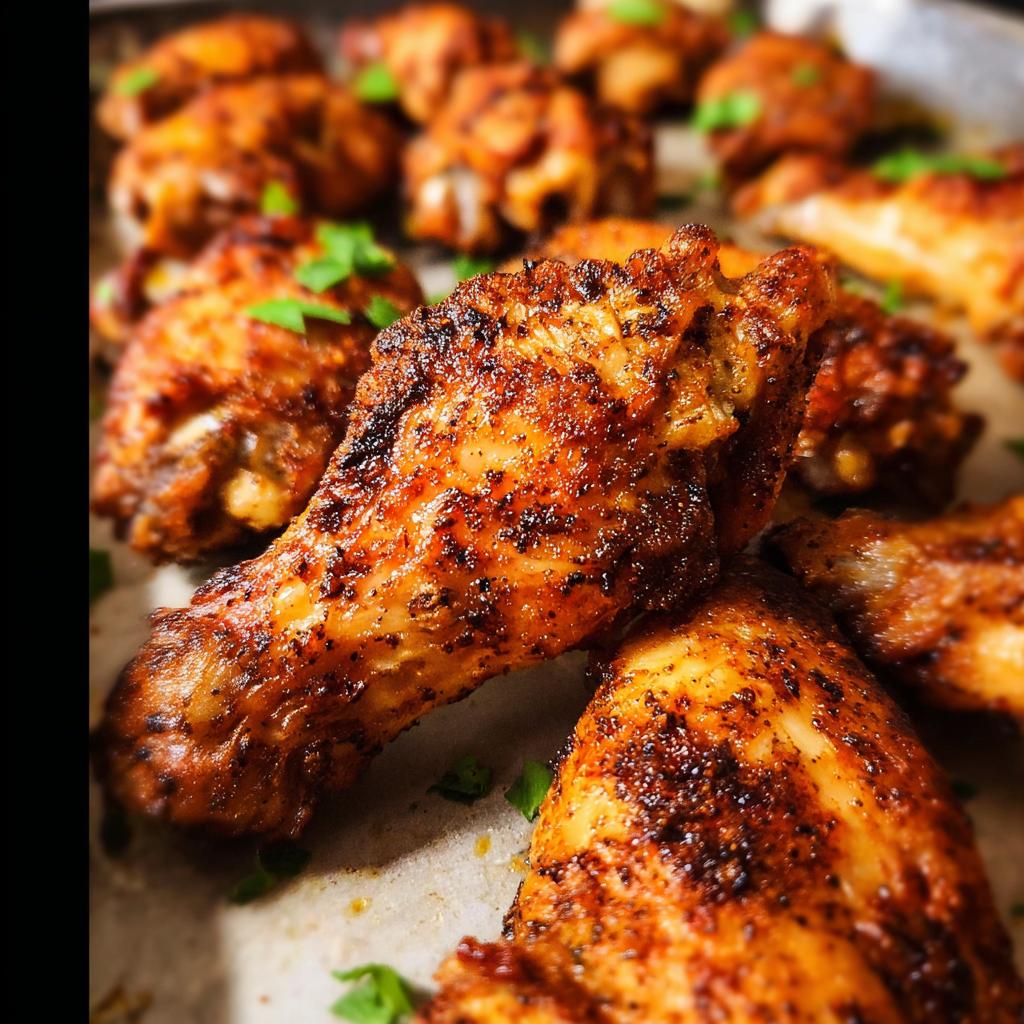 Close-up of perfectly seasoned and baked 25-Ingredient Chicken Wings, garnished with fresh parsley.
