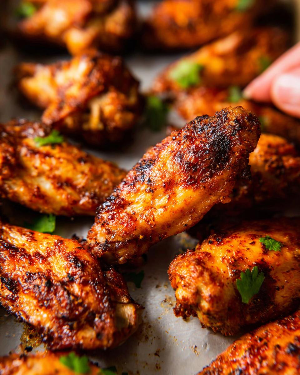 Close-up of perfectly cooked, crispy 25-ingredient chicken wings with a hand reaching for one.