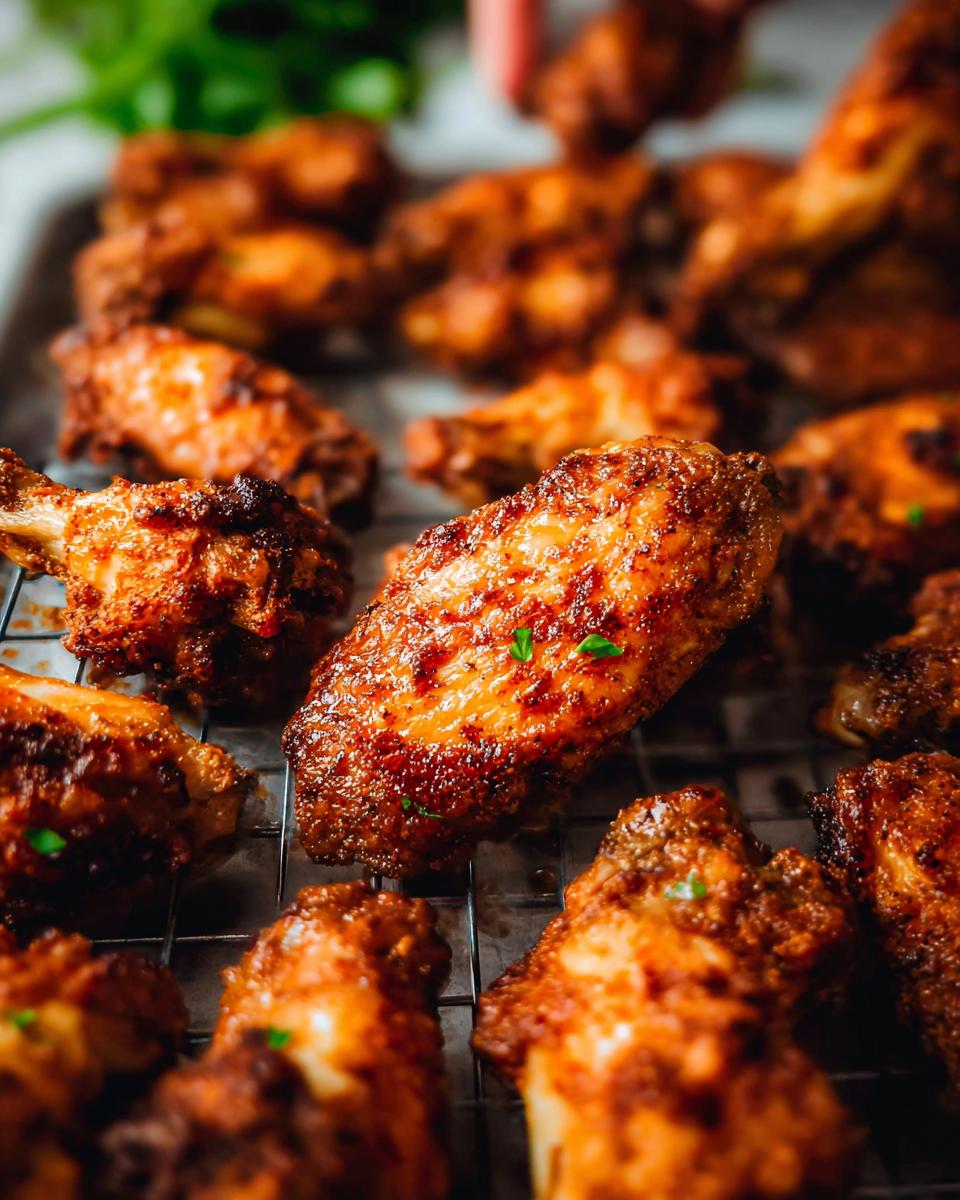 Close-up of perfectly cooked, crispy 25-ingredient chicken wings on a wire rack, garnished with fresh herbs.
