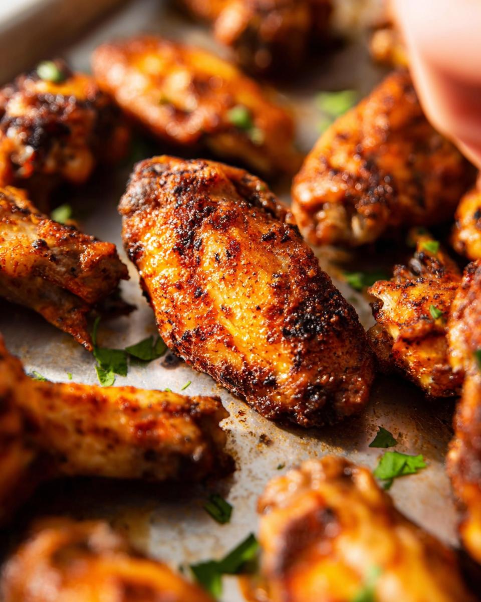 Close-up of perfectly cooked 25-ingredient chicken wings, seasoned and garnished with parsley.