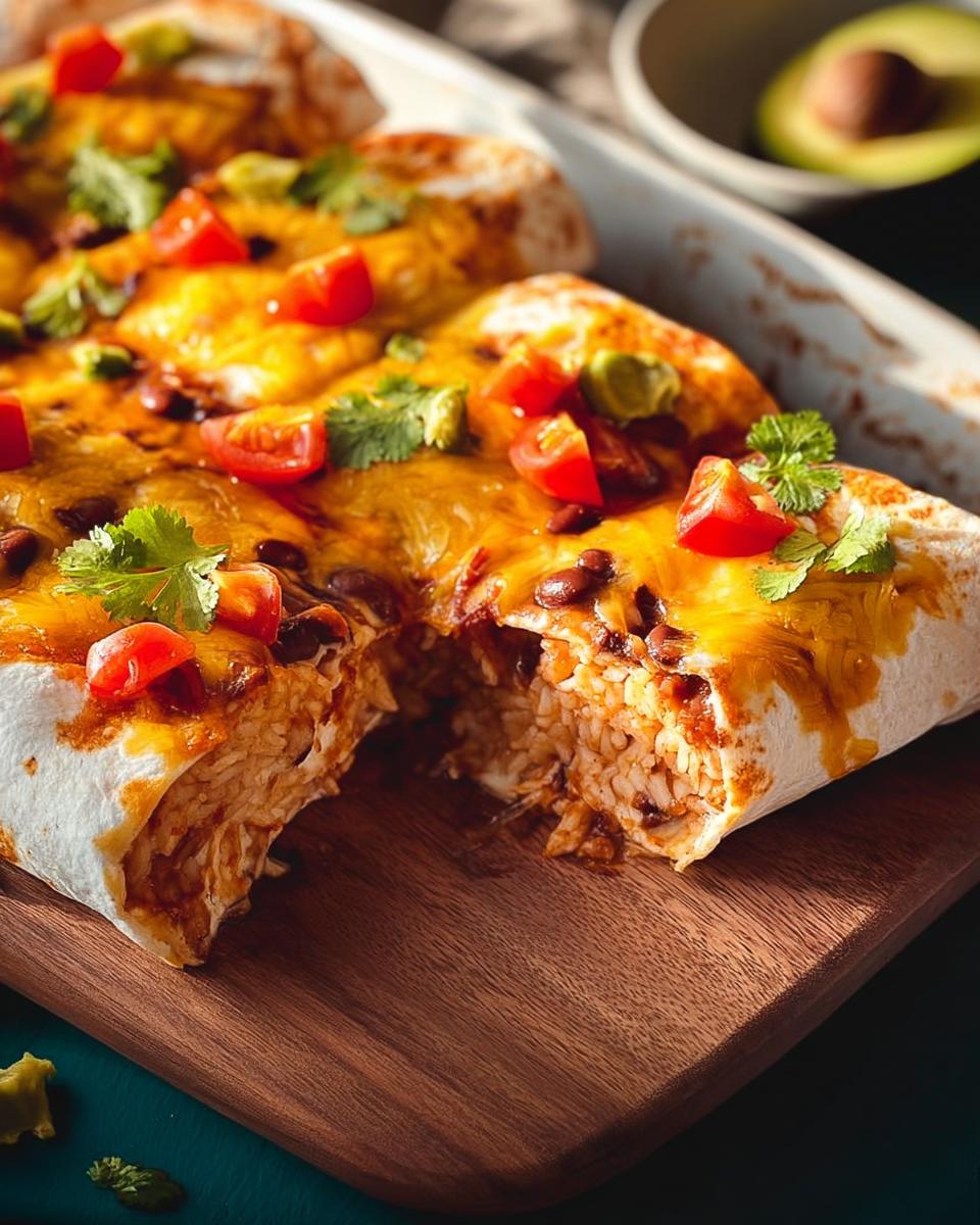 Close-up of cheesy bean and rice burritos, topped with tomatoes and cilantro, part of 25-Ingredient Healthy Meals Recipes.