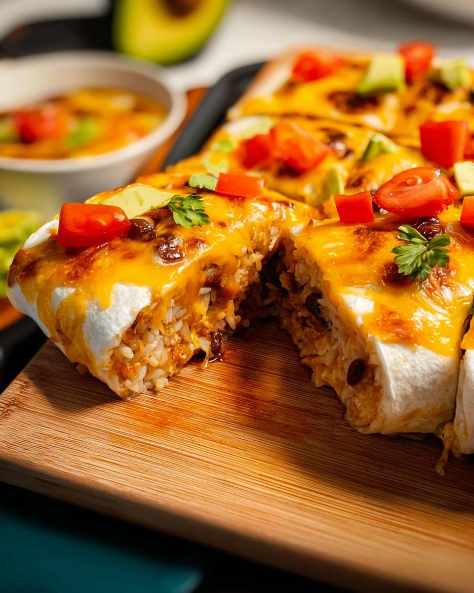 A slice of a cheesy burrito bake, filled with rice and beans, topped with avocado and tomatoes, part of 25-Ingredient Healthy Meals.
