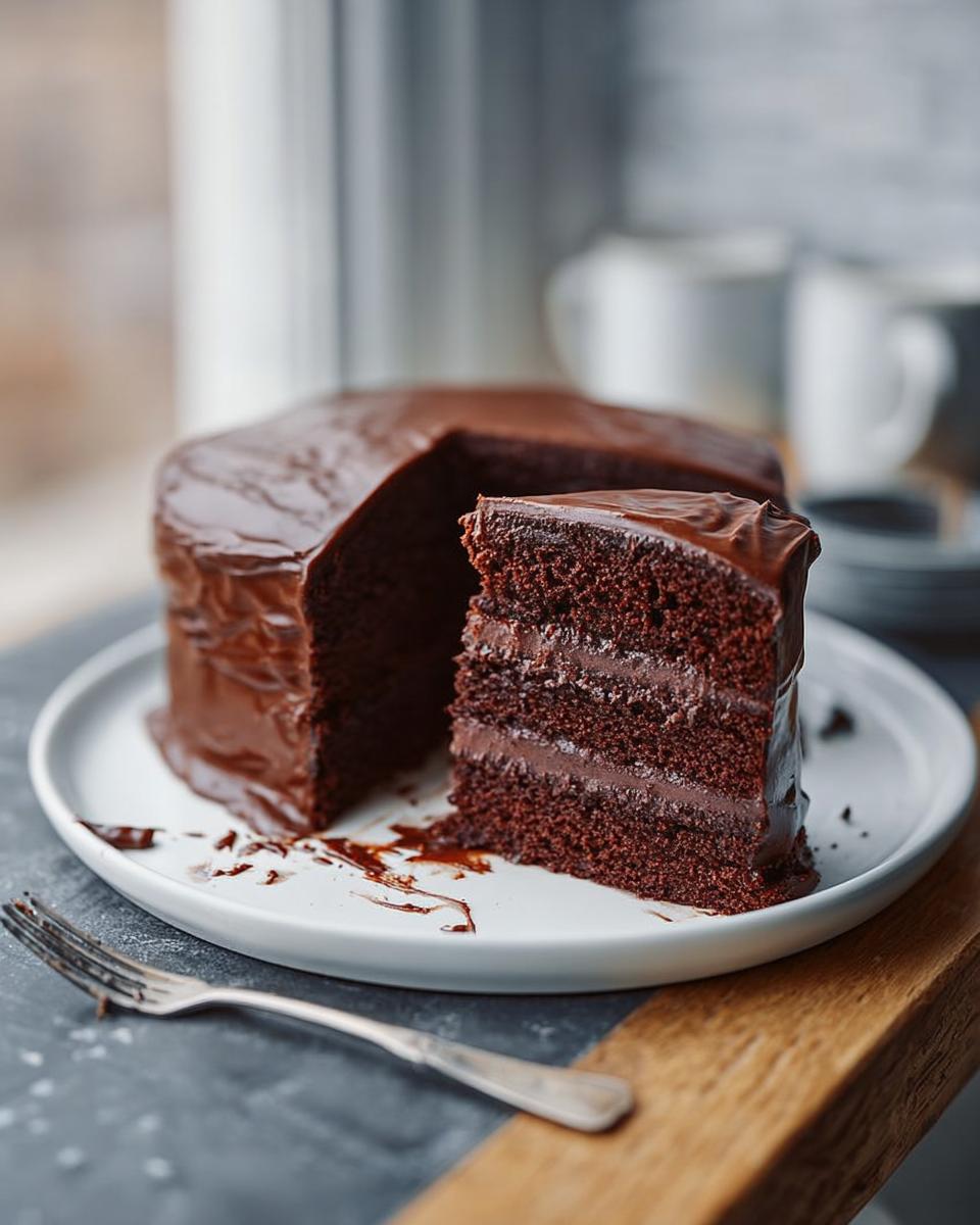 A slice of rich, moist chocolate cake with layers of chocolate frosting, part of a 7-Ingredient Cake Ideas recipe.