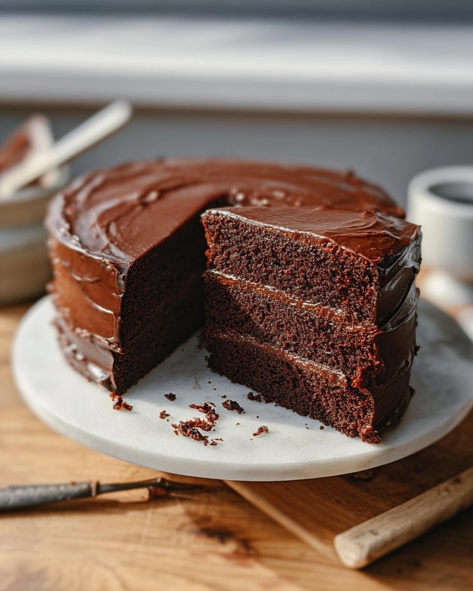 A decadent slice of chocolate cake with rich frosting, part of a 7-Ingredient Cake Ideas recipe.