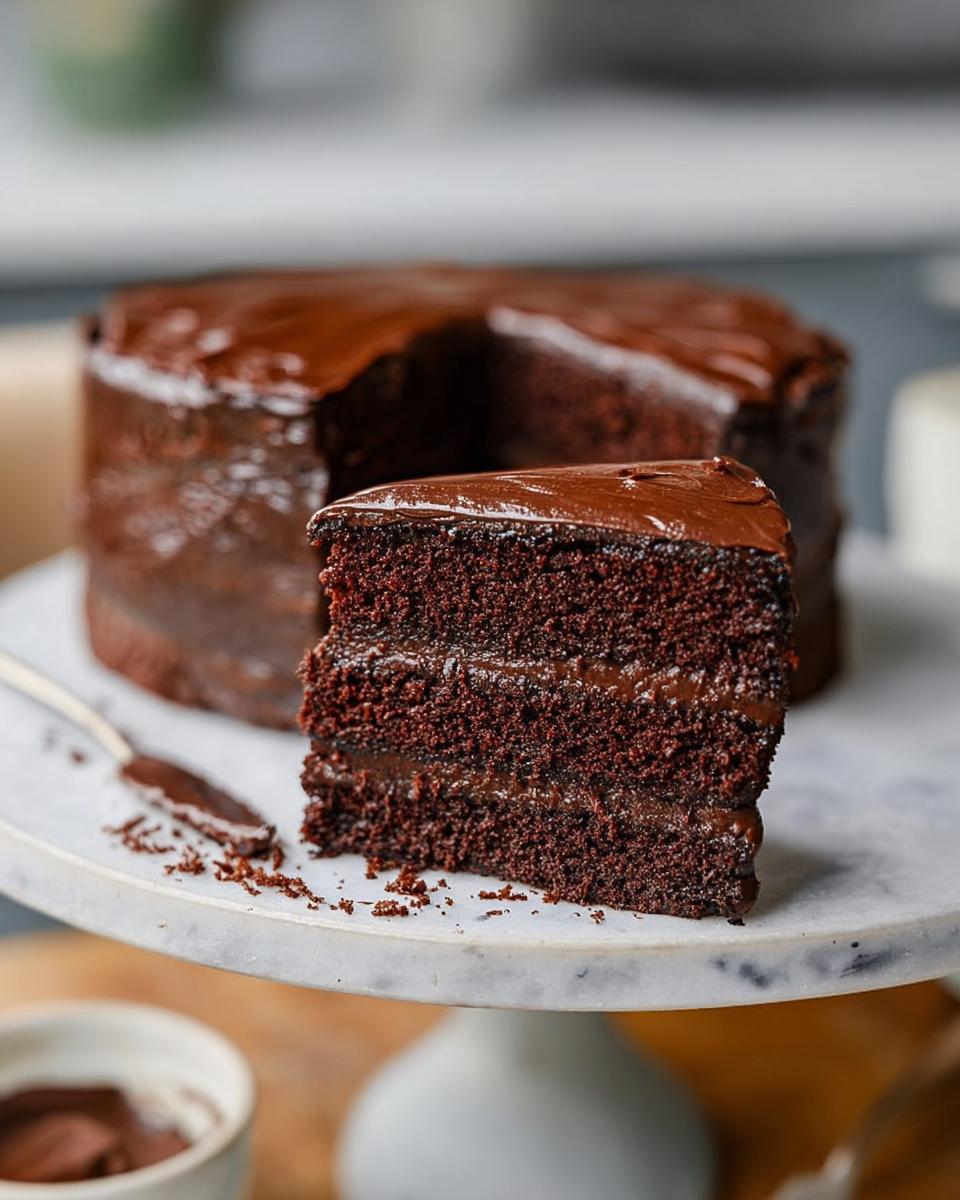A decadent slice of chocolate cake with rich frosting, part of a whole cake in the background. A 7-Ingredient Cake Idea.