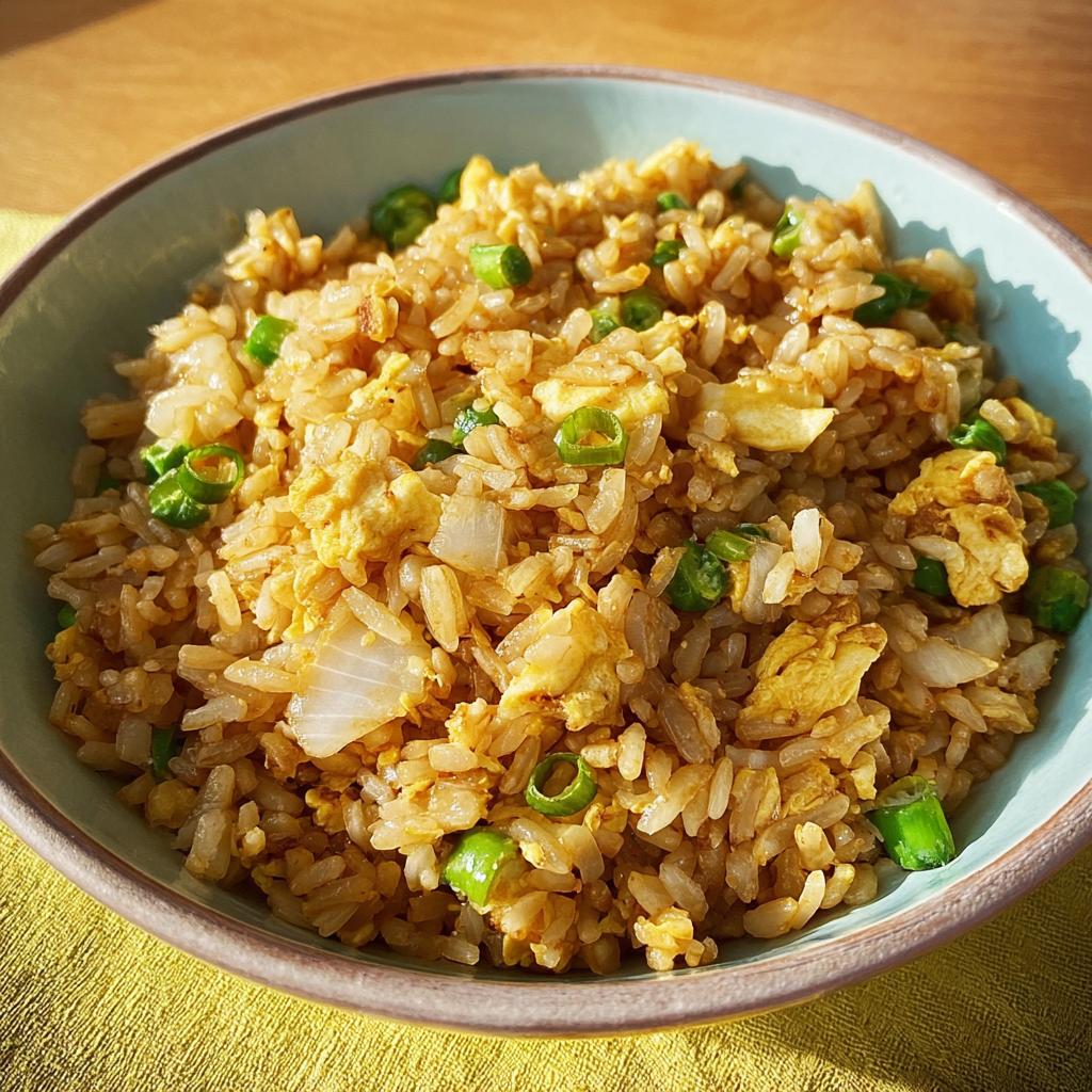 A close-up of a bowl of delicious 7-ingredient egg fried rice with peas and green onions.