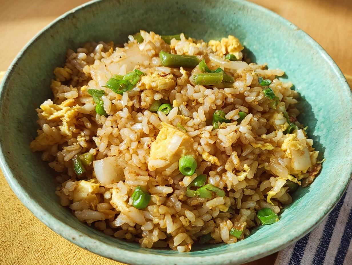 A close-up of a bowl of 7-ingredient egg fried rice, featuring scrambled eggs, peas, green beans, and scallions.