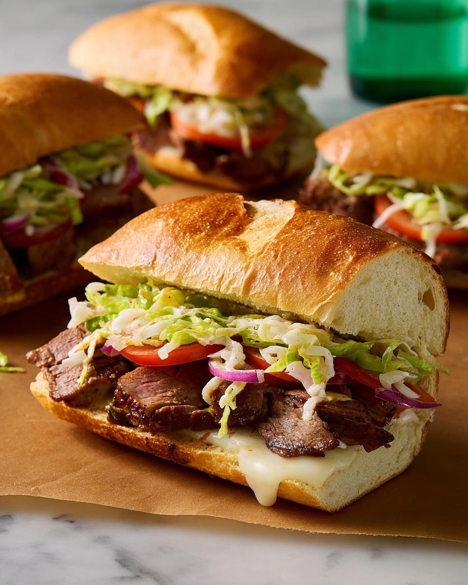 Close-up of a hearty steak sandwich with melted cheese, lettuce, tomato, and red onion, part of 7-Ingredient Sandwich Ideas Recipes.