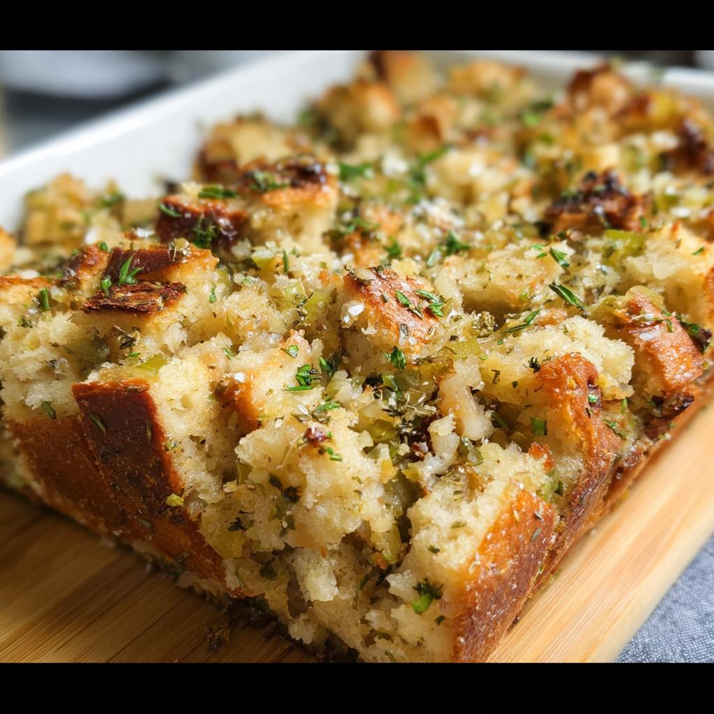 Close-up of a golden-brown 7-ingredient stuffing recipe baked in a white dish, topped with fresh herbs.