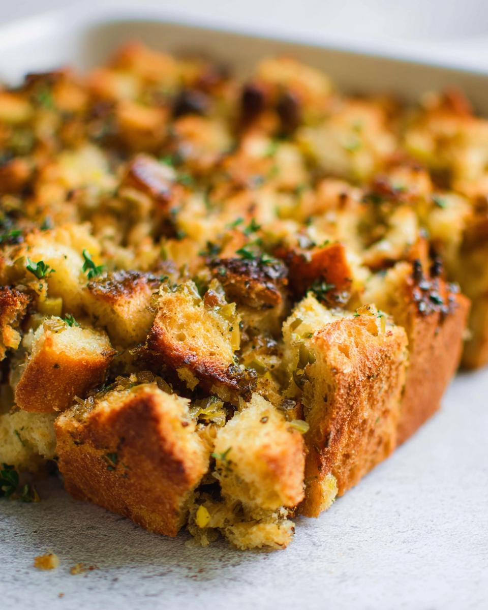 Close-up of a golden brown, baked 7-Ingredient Stuffing Recipe with herbs and visible bread cubes.