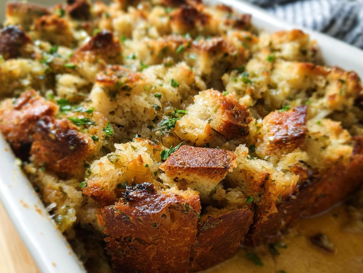 Close-up of a golden brown, freshly baked 7-ingredient stuffing recipe in a white baking dish, garnished with parsley.