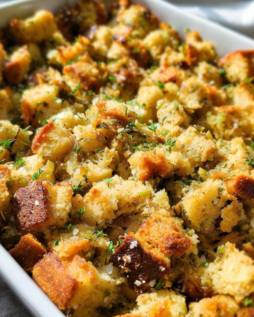 Close-up of a golden-brown 7-ingredient stuffing recipe, garnished with fresh herbs.