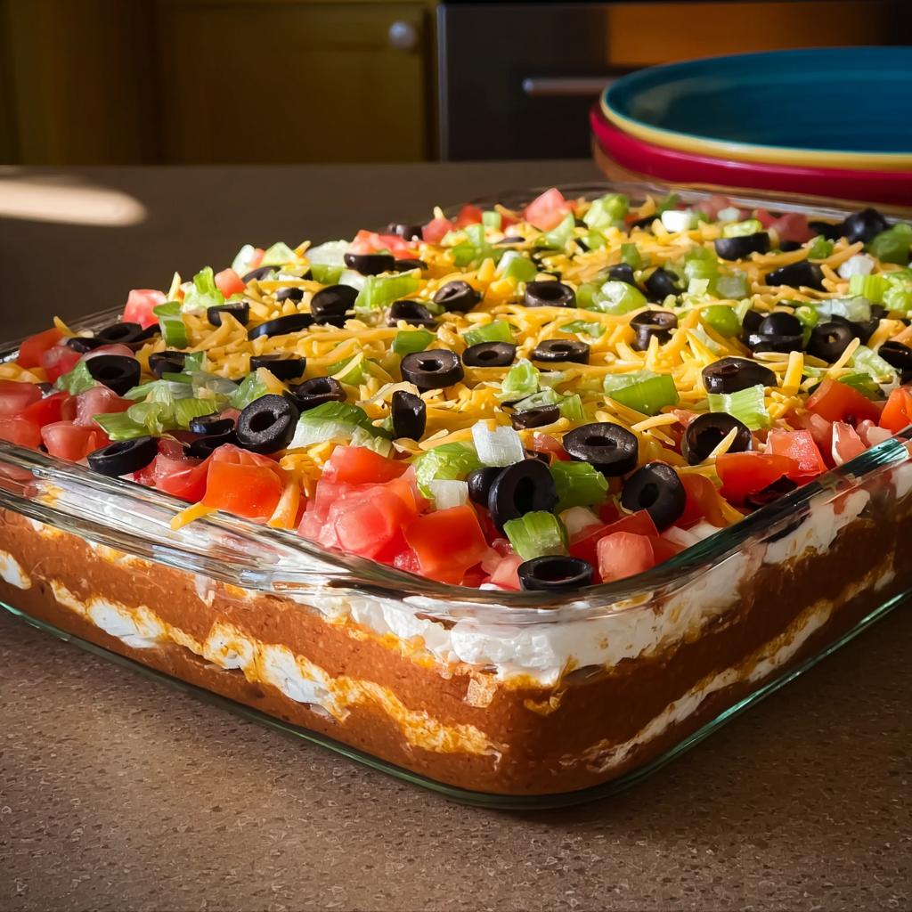 A vibrant and fresh 7 layer dip, perfect for Taco Tuesday recipes, topped with tomatoes, olives, cheese, and green onions.
