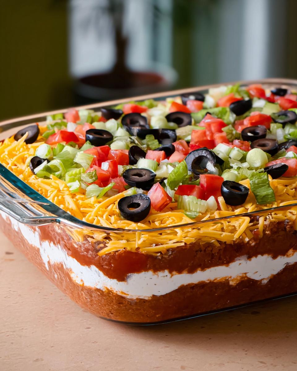 A delicious 7 layer dip perfect for Taco Tuesday recipes, topped with shredded cheese, olives, tomatoes, and lettuce.