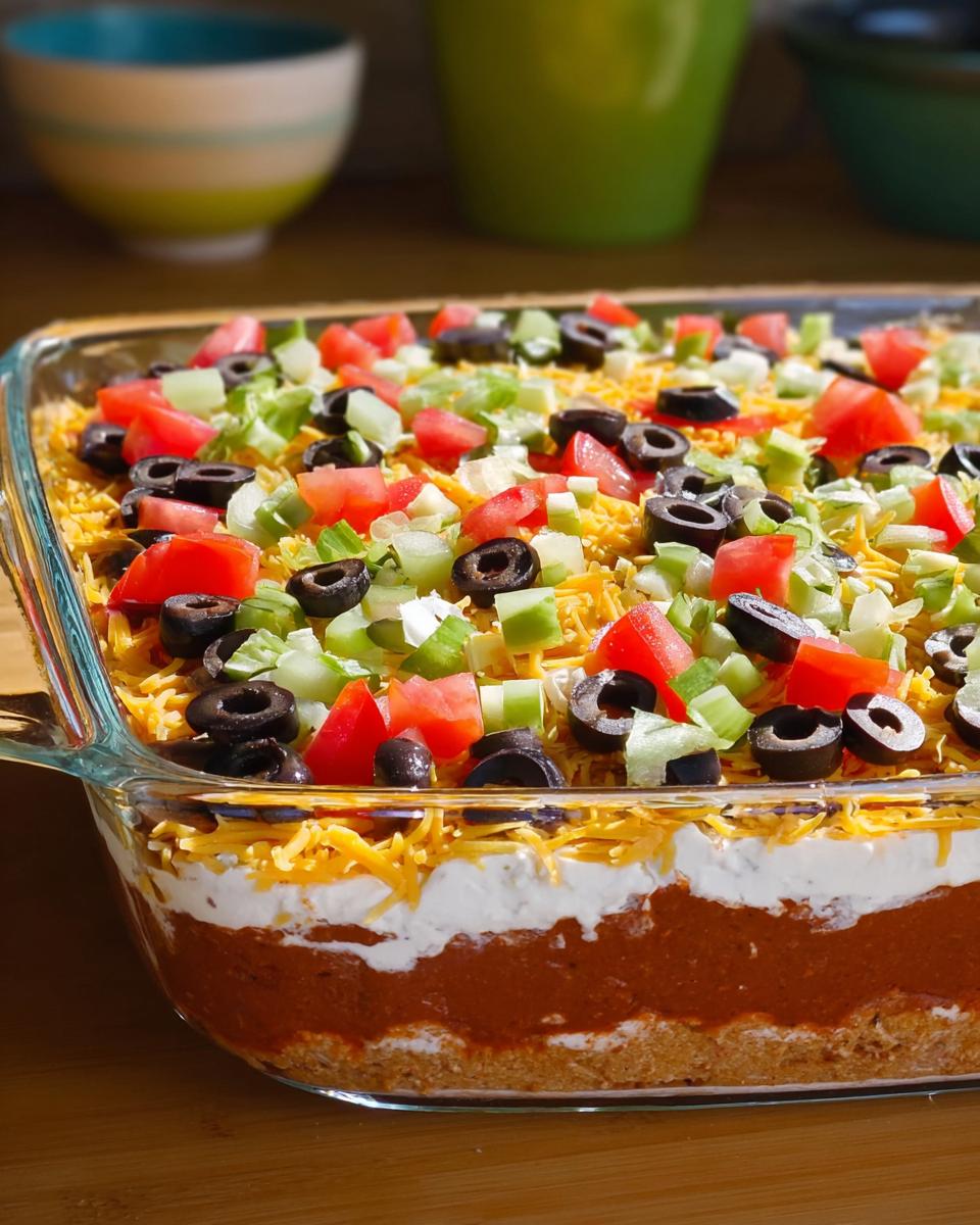 A vibrant 7 layer dip in a glass baking dish, topped with cheese, olives, tomatoes, and celery, perfect for Taco Tuesday recipes.