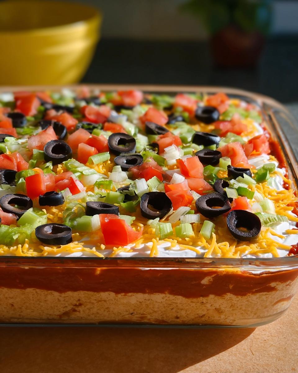A delicious 7 layer dip, perfect for Taco Tuesday recipes, topped with tomatoes, olives, cheese, and green onions.