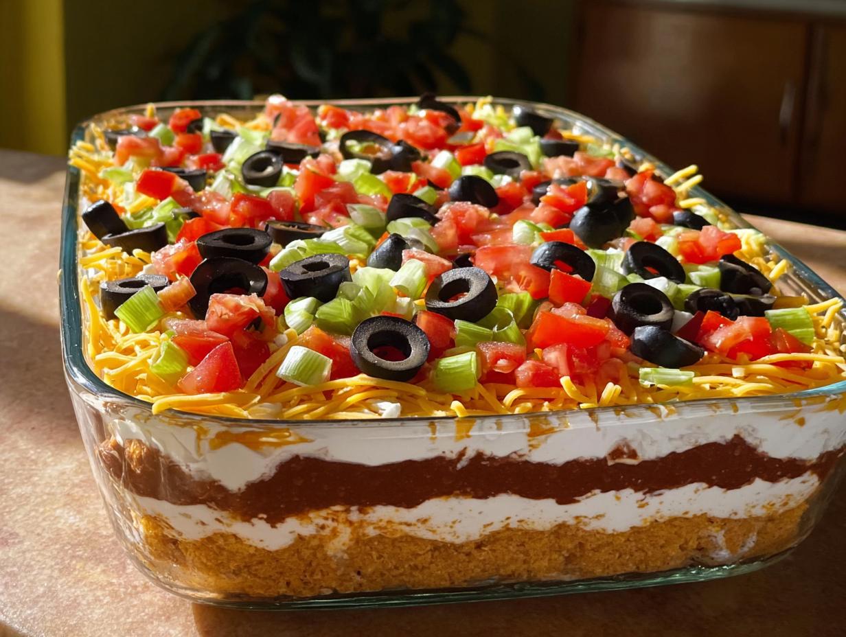 A vibrant and layered 7 Layer Dip, perfect for Taco Tuesday recipes, topped with tomatoes, olives, and green onions.