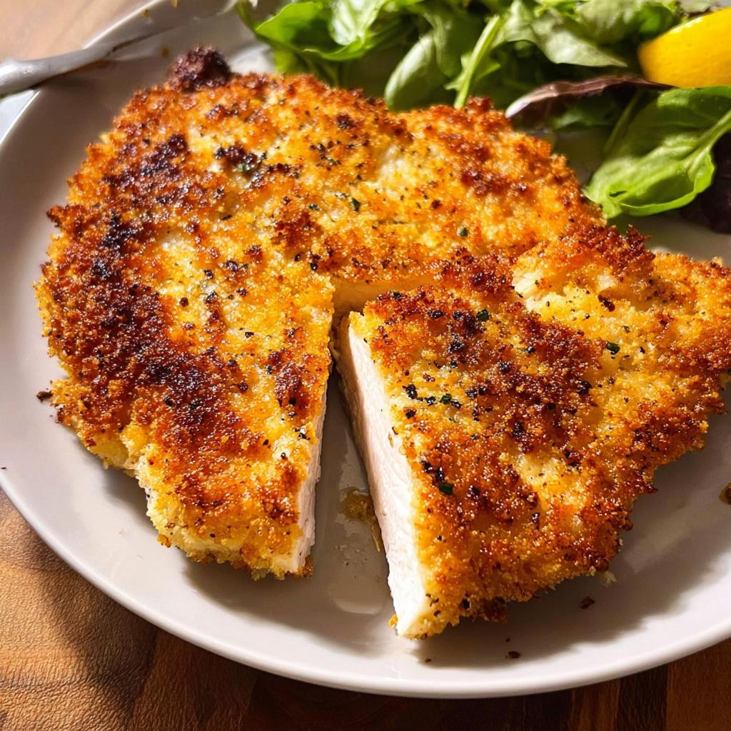 A perfectly cooked, crispy air fryer chicken breast, cut in half to show juicy interior, served with a side salad.