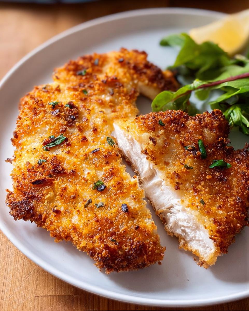 Close-up of a perfectly cooked air fryer chicken breast, golden brown and crispy, served with a side salad and lemon.