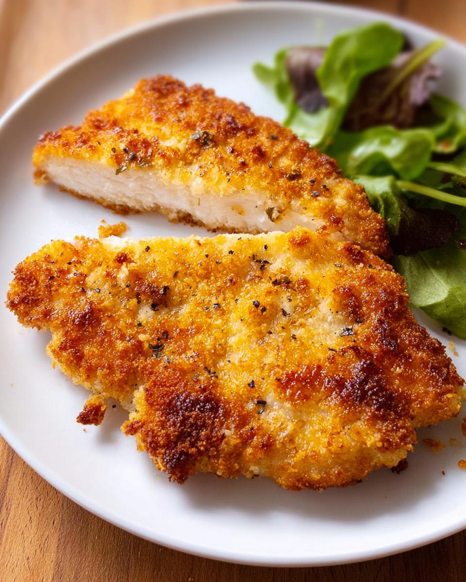Close-up of two golden-brown, crispy air fryer chicken breasts served with a side of fresh green salad.