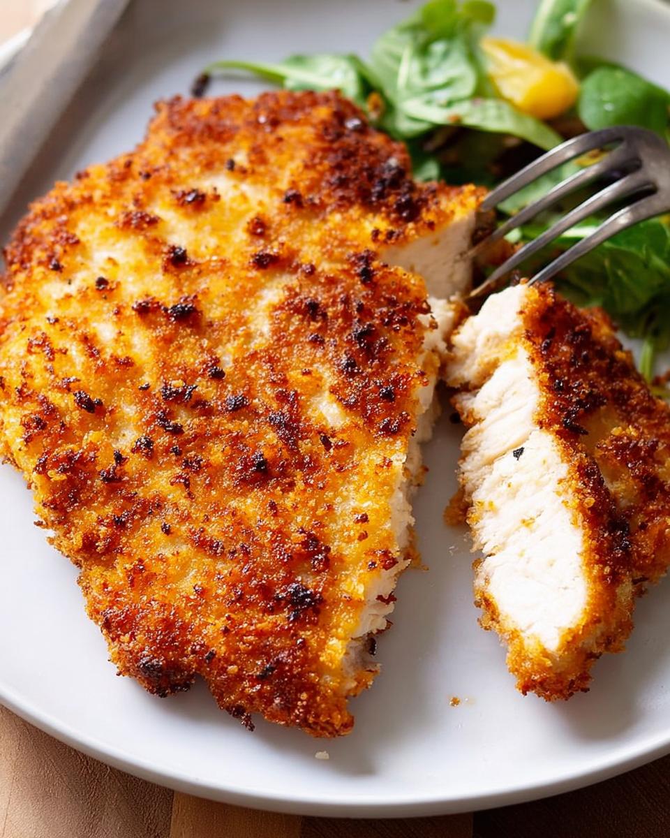A close-up of a golden-brown, crispy air fryer chicken breast, cut to show its juicy interior, served with a side of greens.