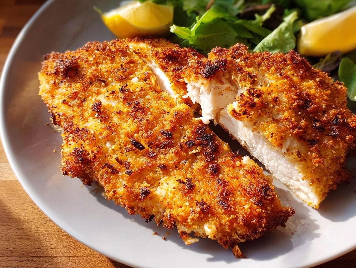 A close-up of a perfectly cooked air fryer chicken breast, cut in half to show the juicy interior, served with a side salad and lemon wedges.