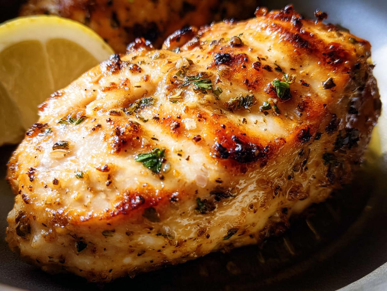 Close-up of a perfectly cooked air fryer chicken breast seasoned with herbs and spices, with a lemon wedge.