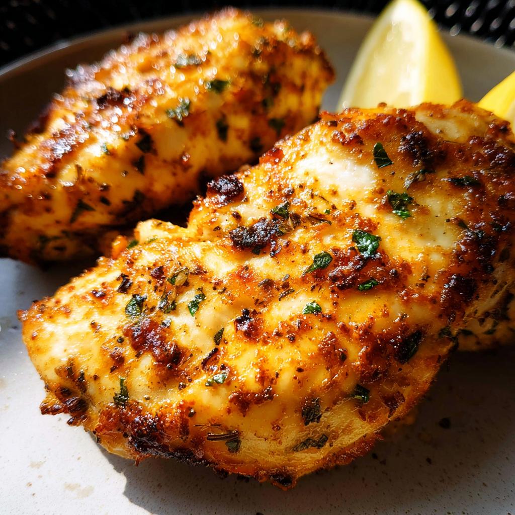 Close-up of two perfectly cooked air fryer chicken breasts, seasoned with herbs and spices, served with lemon wedges.