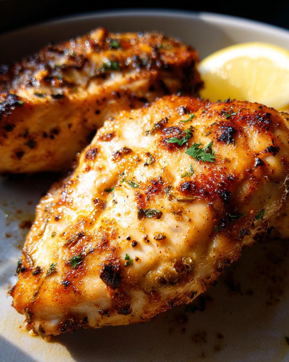 Close-up of two perfectly cooked air fryer chicken breasts seasoned with herbs and spices, served with a lemon wedge.