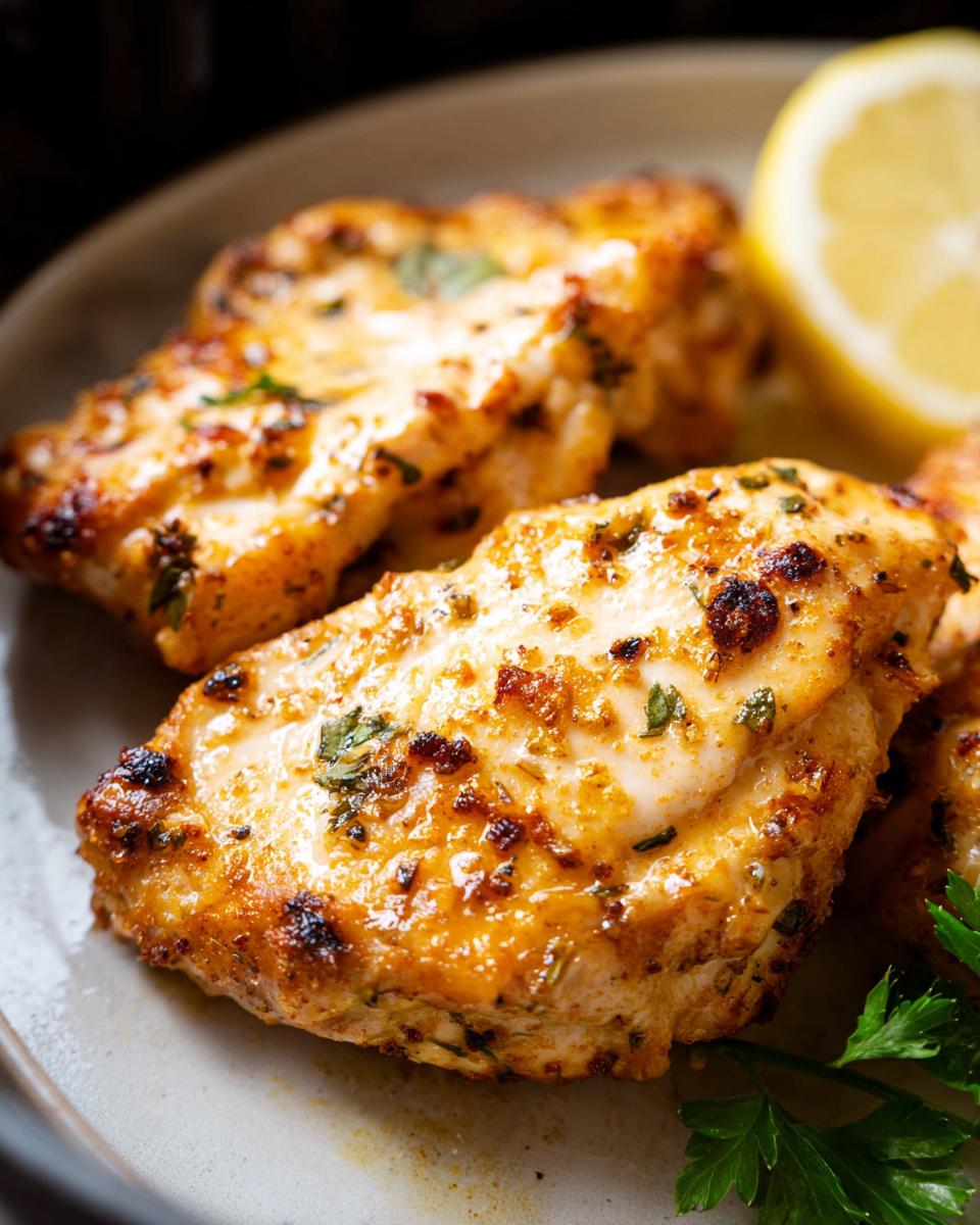 Close-up of perfectly cooked air fryer chicken breast with herbs and a lemon wedge.