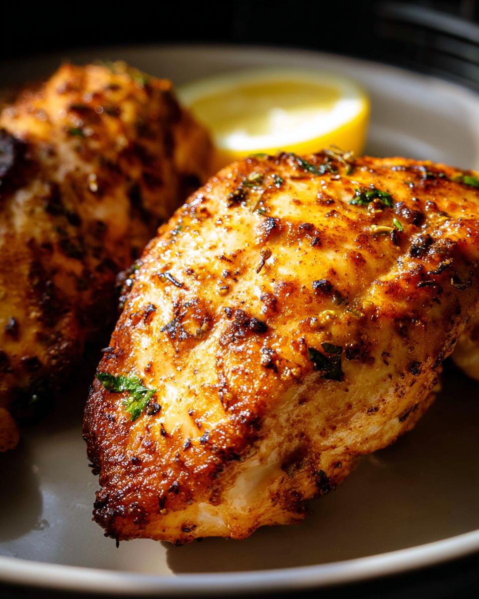 Close-up of two perfectly cooked air fryer chicken breasts seasoned with herbs and spices, served with a lemon wedge.