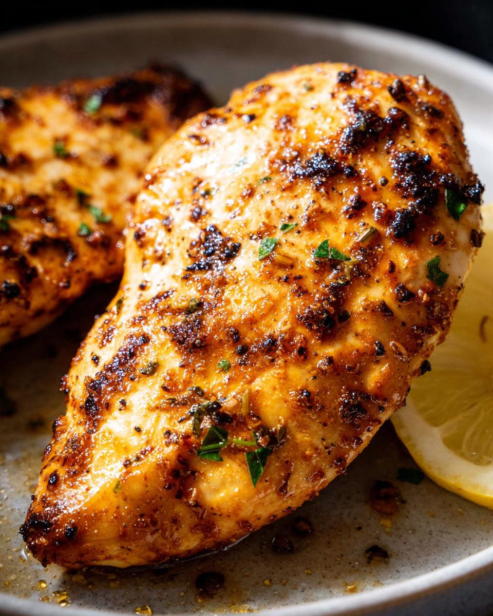 Close-up of a perfectly cooked air fryer chicken breast, seasoned and garnished with parsley, with a lemon slice on the side.