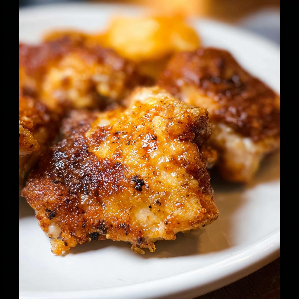 Close-up of golden-brown, crispy air fryer chicken pieces seasoned with spices.
