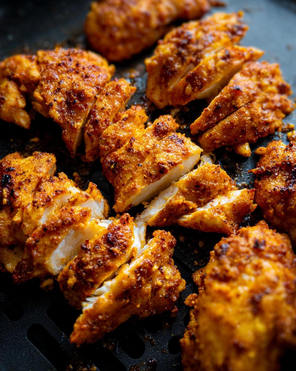 Close-up of perfectly cooked air fryer chicken pieces, seasoned and sliced, ready to serve.