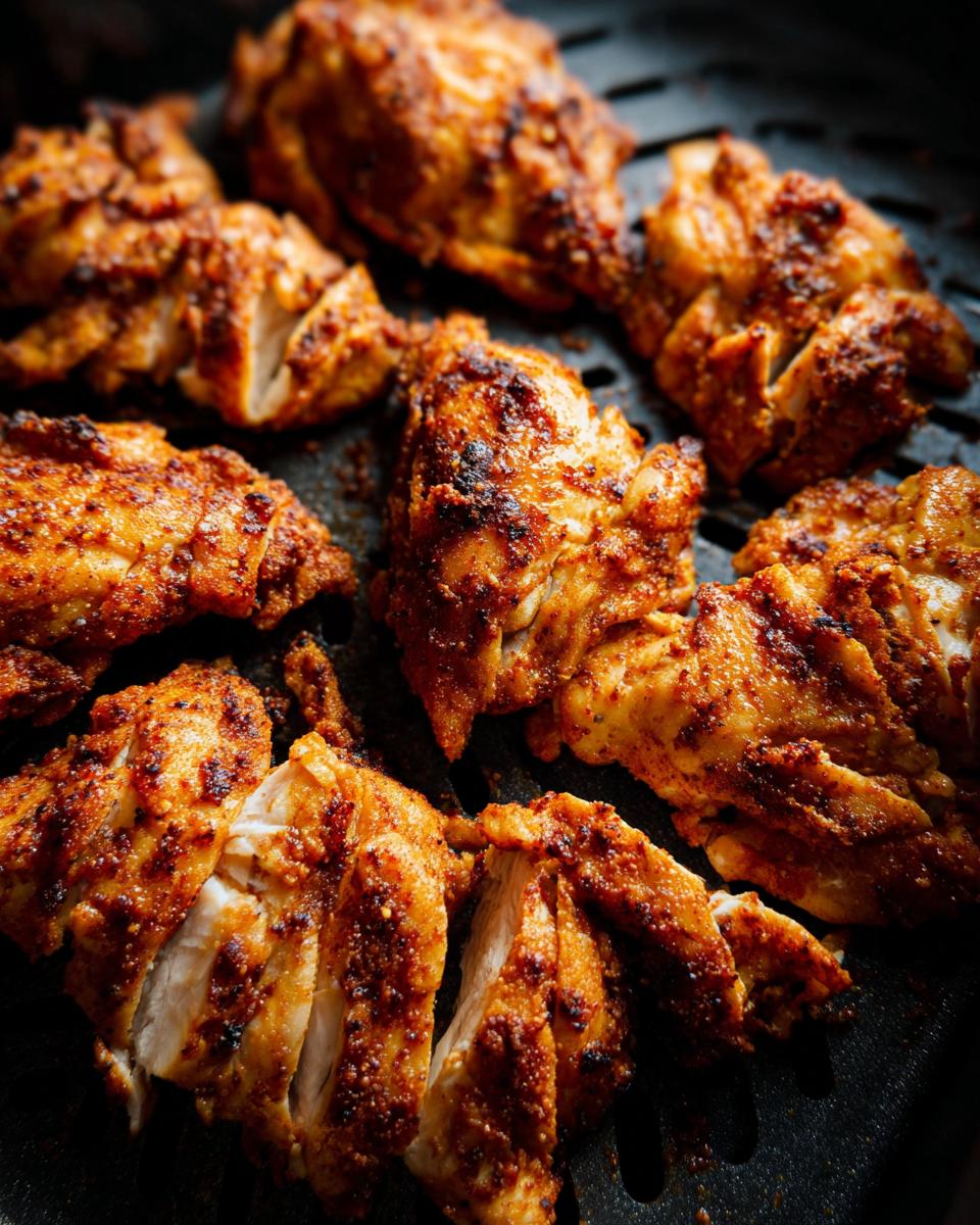 Close-up of perfectly cooked air fryer chicken pieces, seasoned and slightly charred.