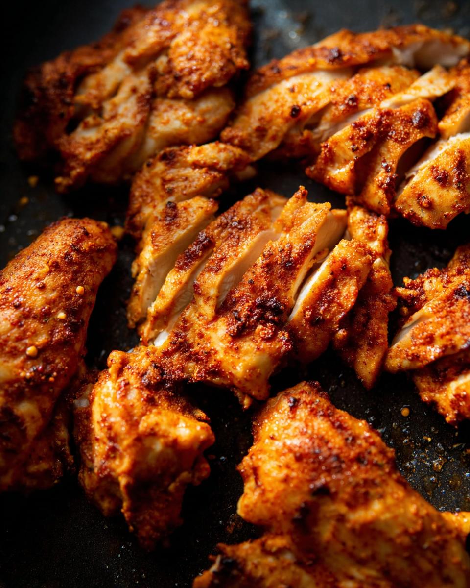 Close-up of perfectly cooked air fryer chicken pieces, seasoned and sliced.