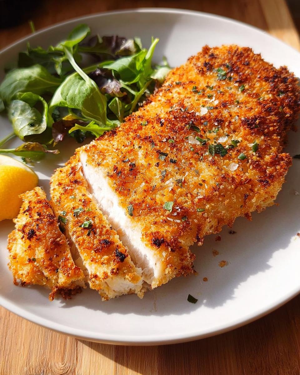 Crispy air fryer chicken breast, sliced and served with a side salad and lemon wedge.