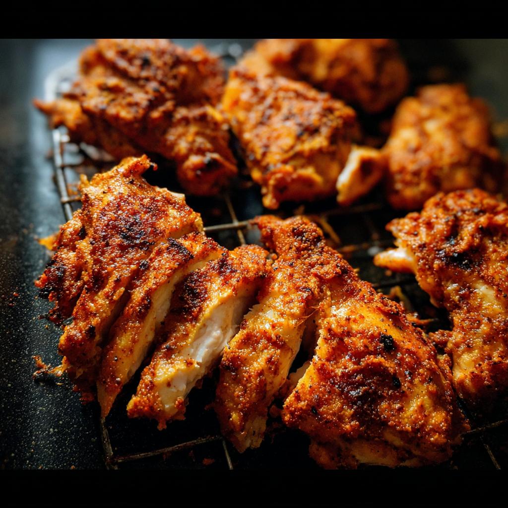 Close-up of juicy, seasoned air fryer chicken recipe, sliced and resting on a cooling rack.
