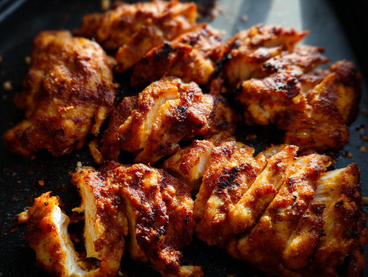 Close-up of perfectly cooked air fryer chicken pieces, seasoned and sliced.