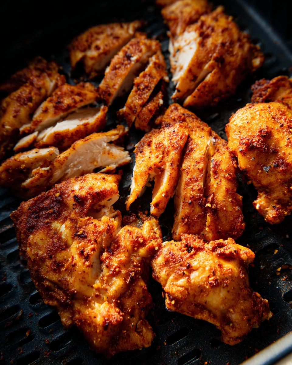 Close-up of perfectly cooked air fryer chicken, sliced and seasoned, in an air fryer basket.