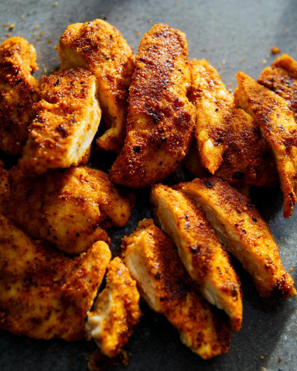 Close-up of crispy, seasoned air fryer chicken strips, perfect for restaurant-style chicken recipes at home.
