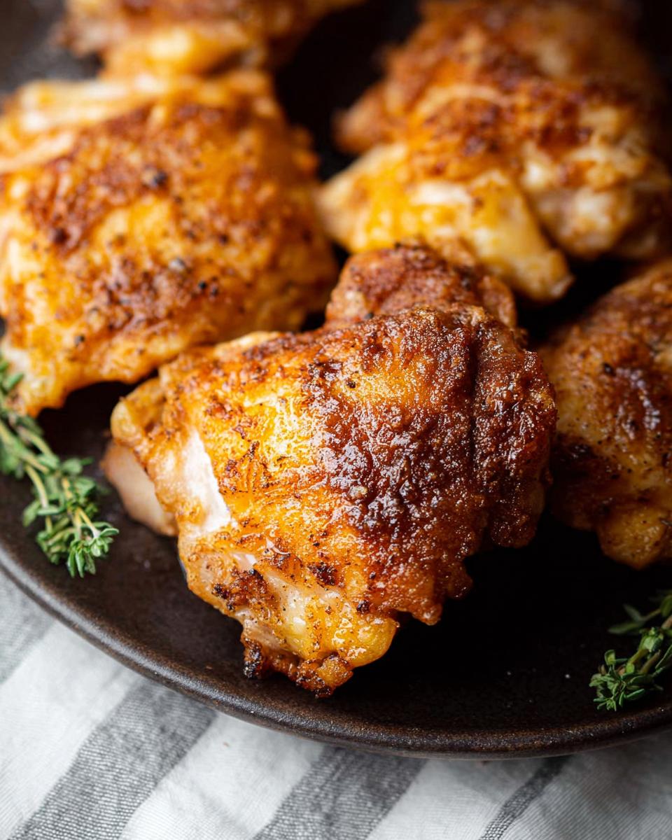 Close-up of perfectly cooked, crispy air fryer chicken thighs on a dark plate with fresh thyme.
