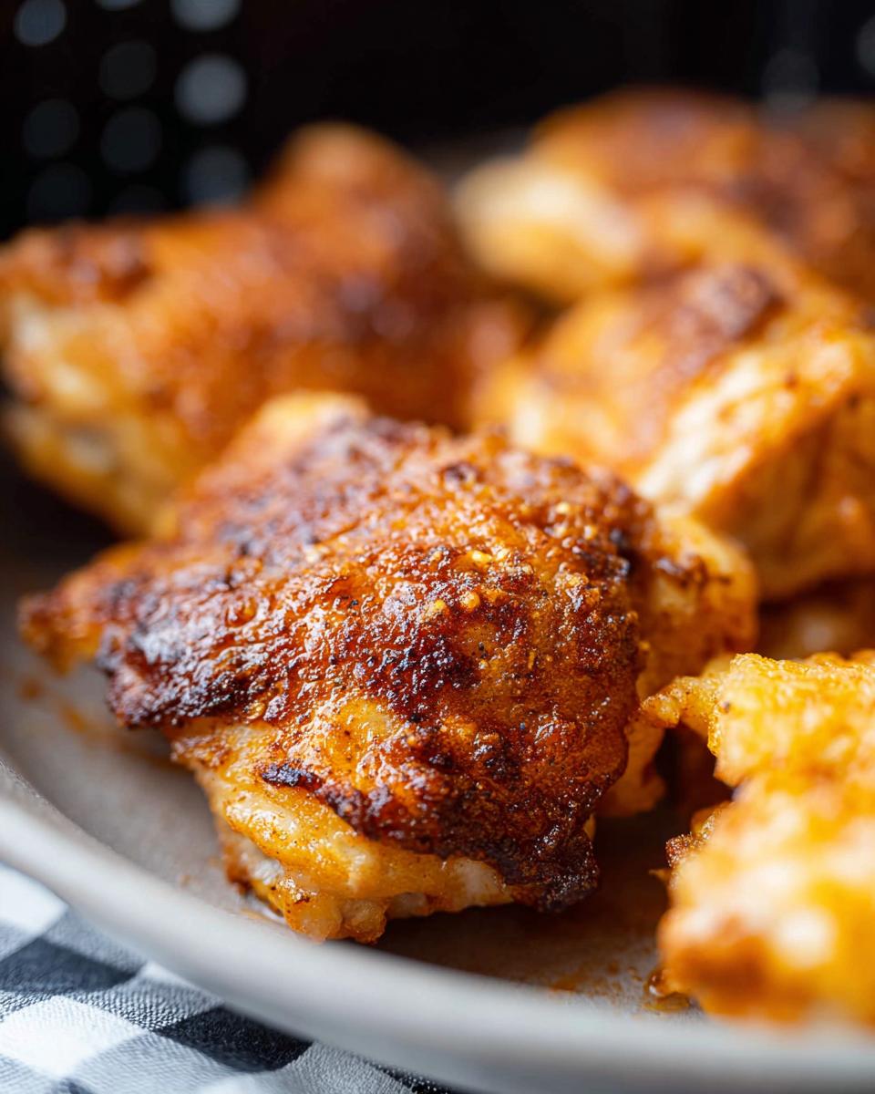 Close-up of perfectly seasoned and crispy air fryer chicken thighs, a quick weeknight meal.