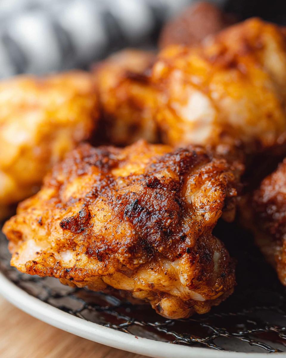 Close-up of perfectly seasoned and crispy air fryer chicken thighs, a quick and delicious meal.