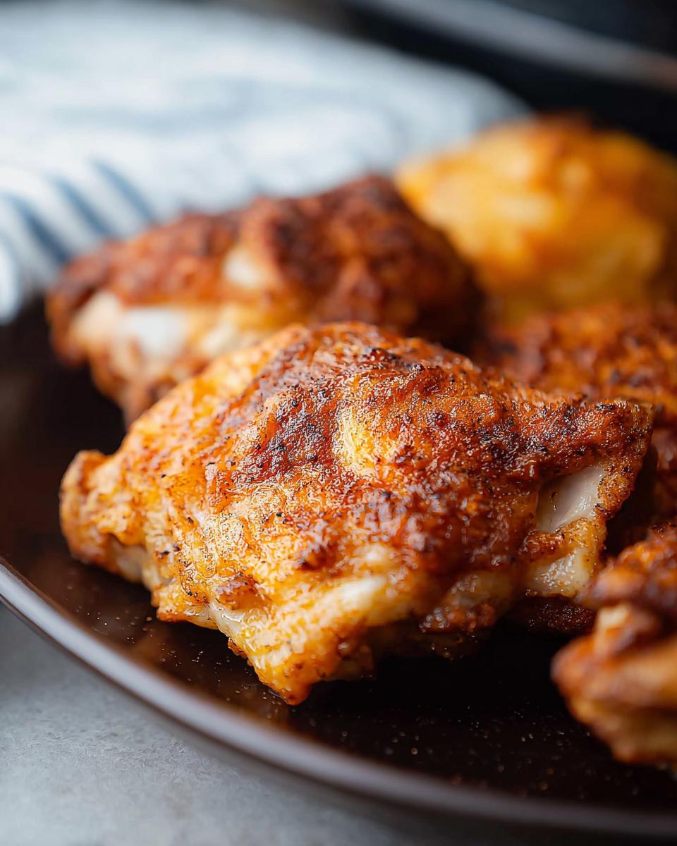 Close-up of crispy, seasoned air fryer chicken thighs on a dark plate.