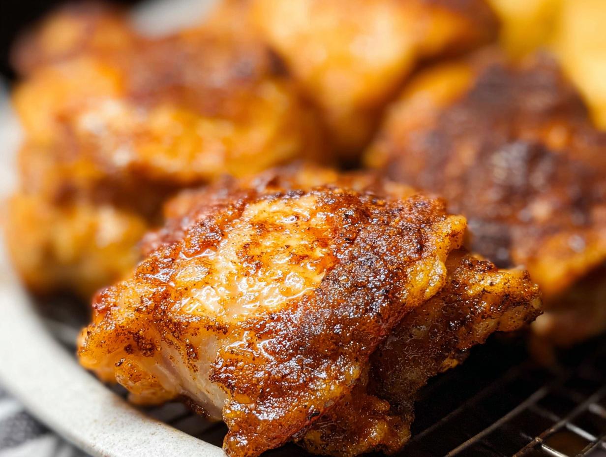 Close-up of perfectly seasoned and crispy air fryer chicken thighs, a quick and delicious weeknight meal.
