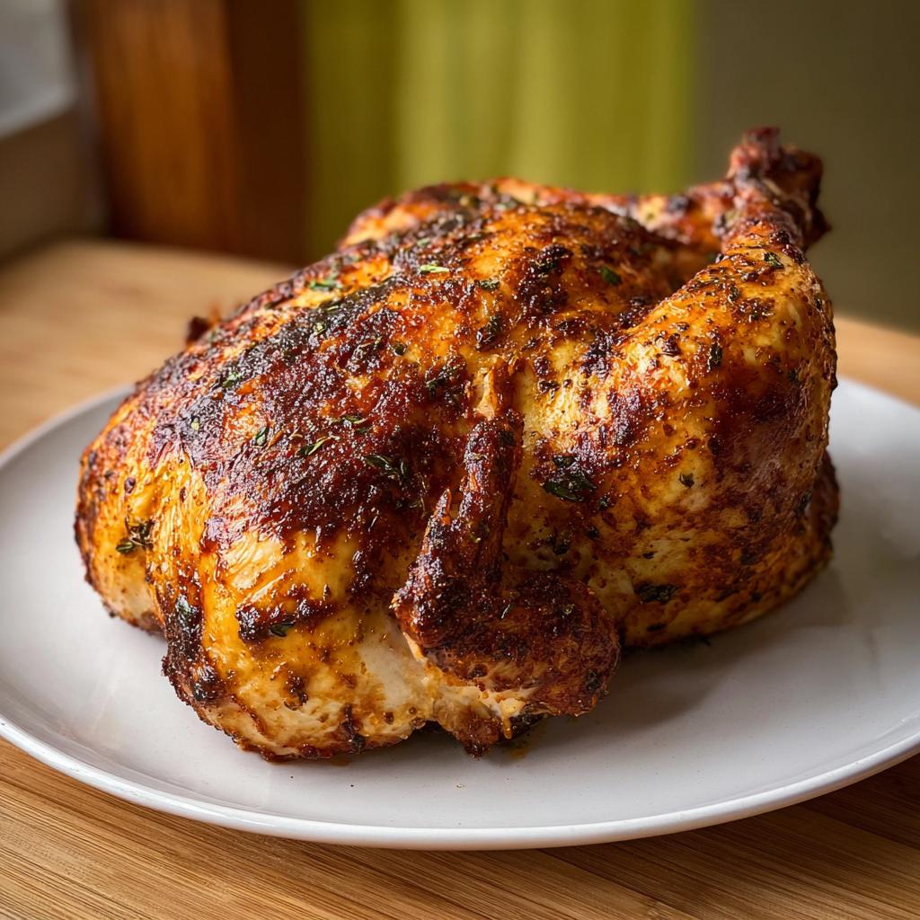 A whole, perfectly roasted chicken cooked in an air fryer, seasoned with herbs and spices.