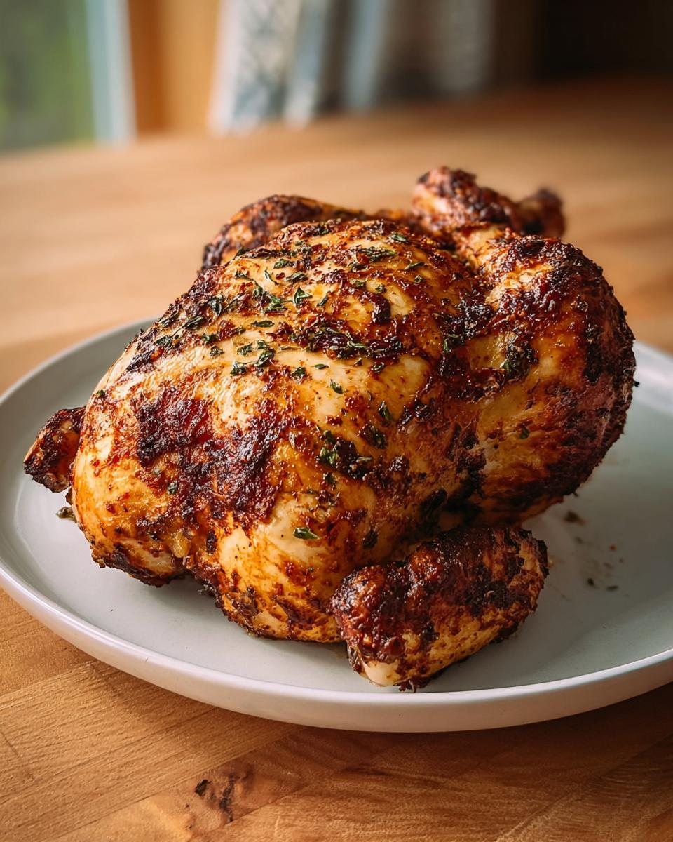 A whole, golden-brown air fryer chicken seasoned with herbs, resting on a white plate.