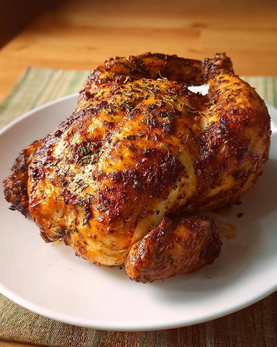 A whole, golden-brown air fryer chicken seasoned with herbs, served on a white plate.